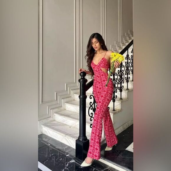 ZARA CUT OUT JACQUARD KNIT JUMPSUIT JACQUARD RED bloggers favorite size M - Picture 2 of 12